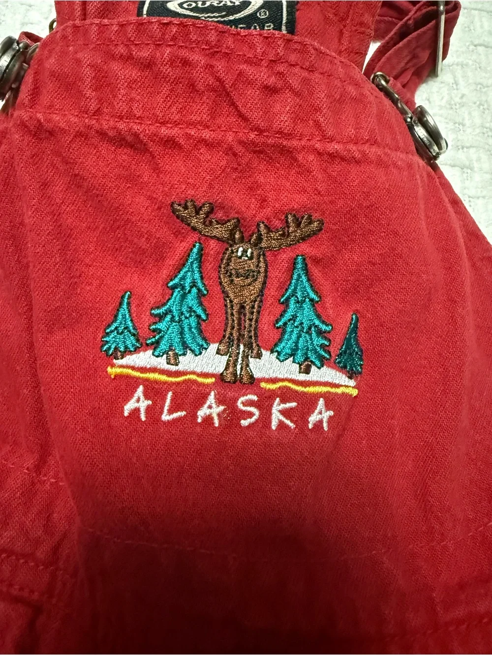 Red Alaska vintage overalls with embroidered moose and trees, 1 year.